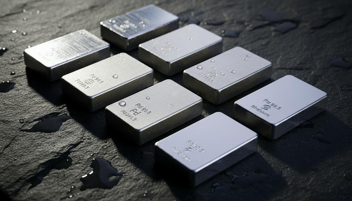 Impala Platinum: выручка выросла на 40% благодаря росту цен на металлы Крупный план блестящих слитков металлов платиновой группы – платины, палладия и родия – на темной фактурной поверхности.