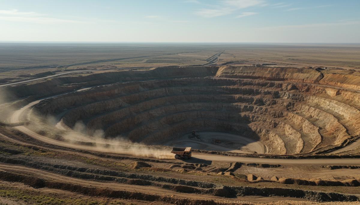 Solidcore: выручка выросла вопреки спаду добычи, в планах рост на 37% Огромный золотодобывающий карьер в казахстанской степи. На дне карьера по пыльной дороге едет большой карьерный самосвал.