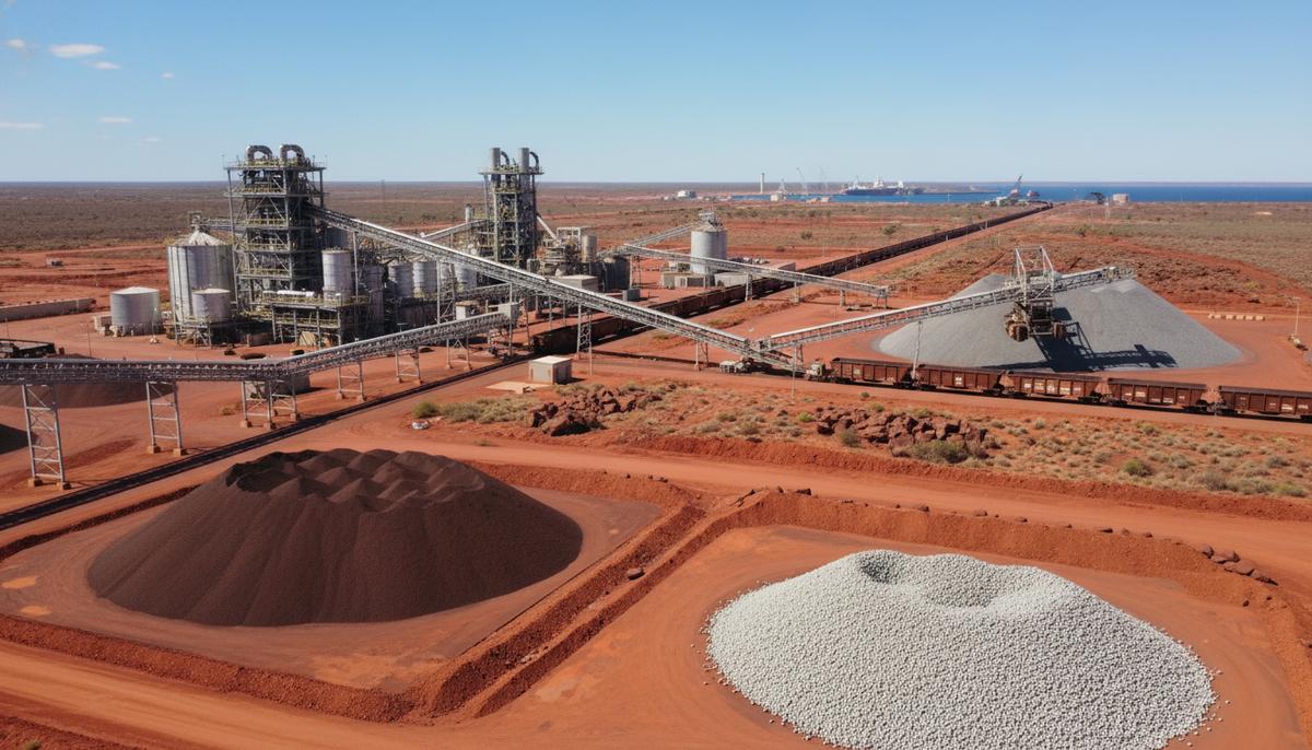 Новая технология превратит рудную мелочь Пилбары в премиальный продукт Современный завод по производству железорудных окатышей на фоне красных ландшафтов региона Пилбара, Австралия.