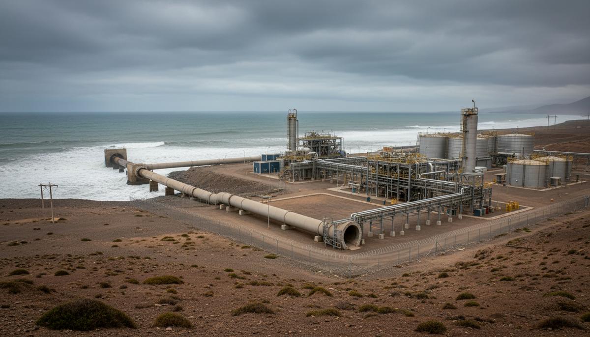 Промышленный опреснительный завод с трубами и резервуарами на засушливом побережье океана в Чили.