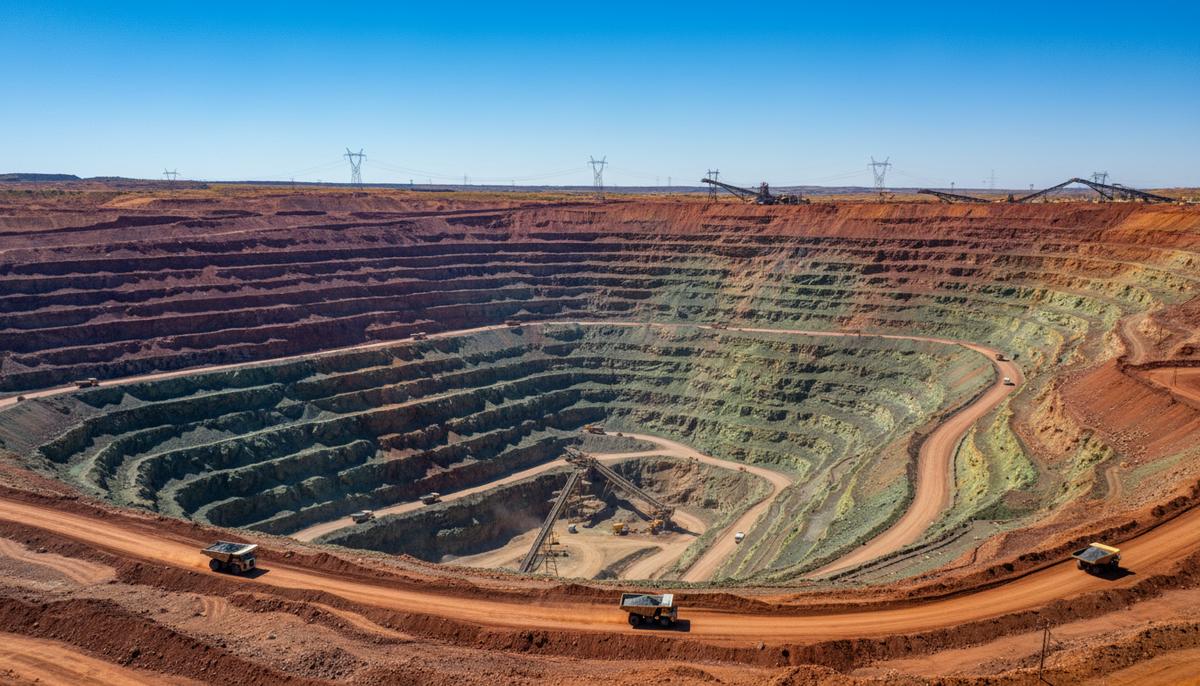 Огромный карьер по добыче меди с террасами красно-зеленого цвета и гигантской карьерной техникой на дне.