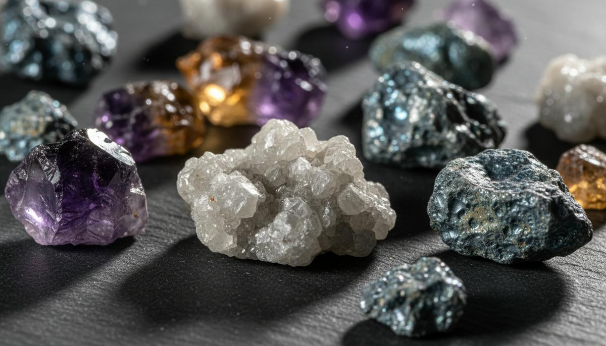 Крупный план необработанных критических минералов – лития, кобальта, редкоземельных элементов – на темной каменной плите.