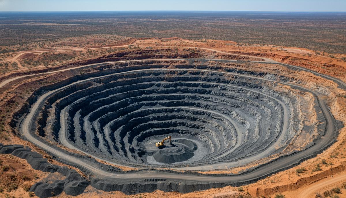 Япония и Австралия создают графитовый альянс для обхода Китая Крупный карьер по добыче графита в Квинсленде, Австралия, с высоты птичьего полета. Видны террасы с темными слоями руды.