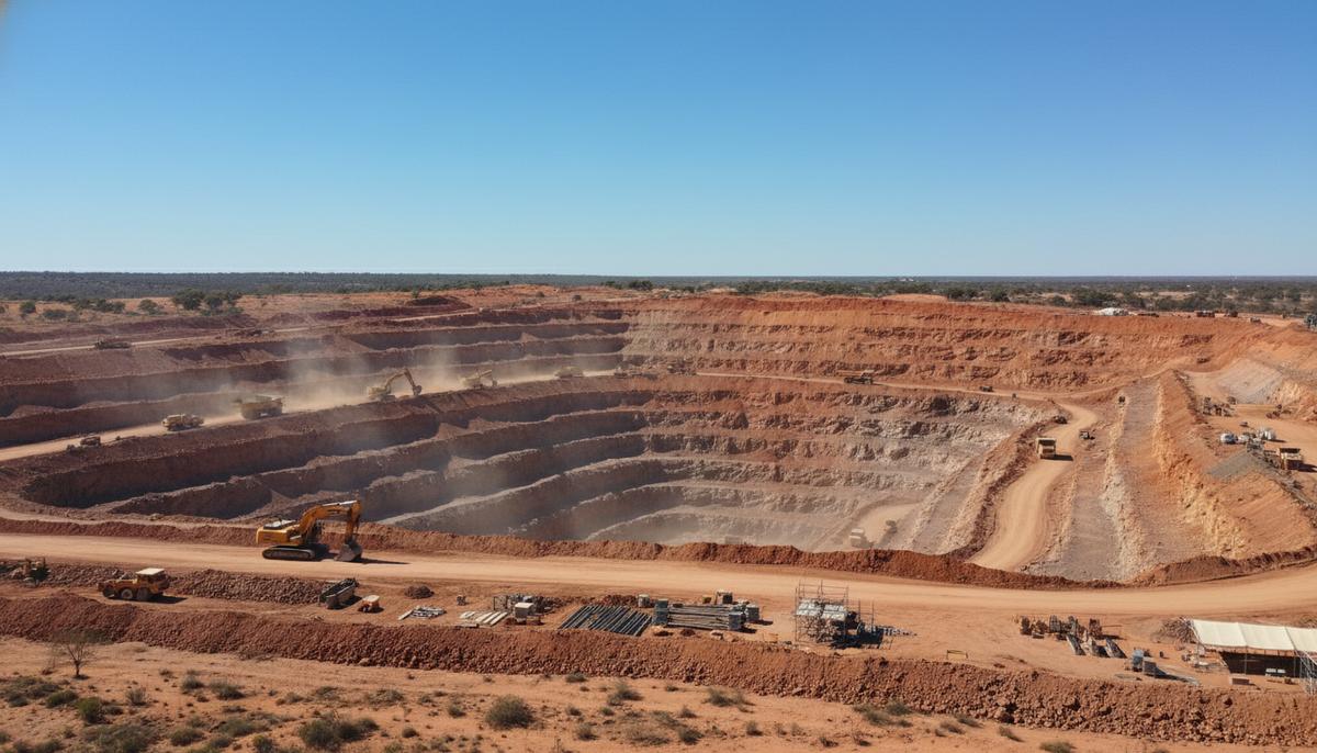 Карьер по добыче скандия в Австралии с террасными уступами и крупной горнодобывающей техникой на фоне пейзажа Нового Южного Уэльса.