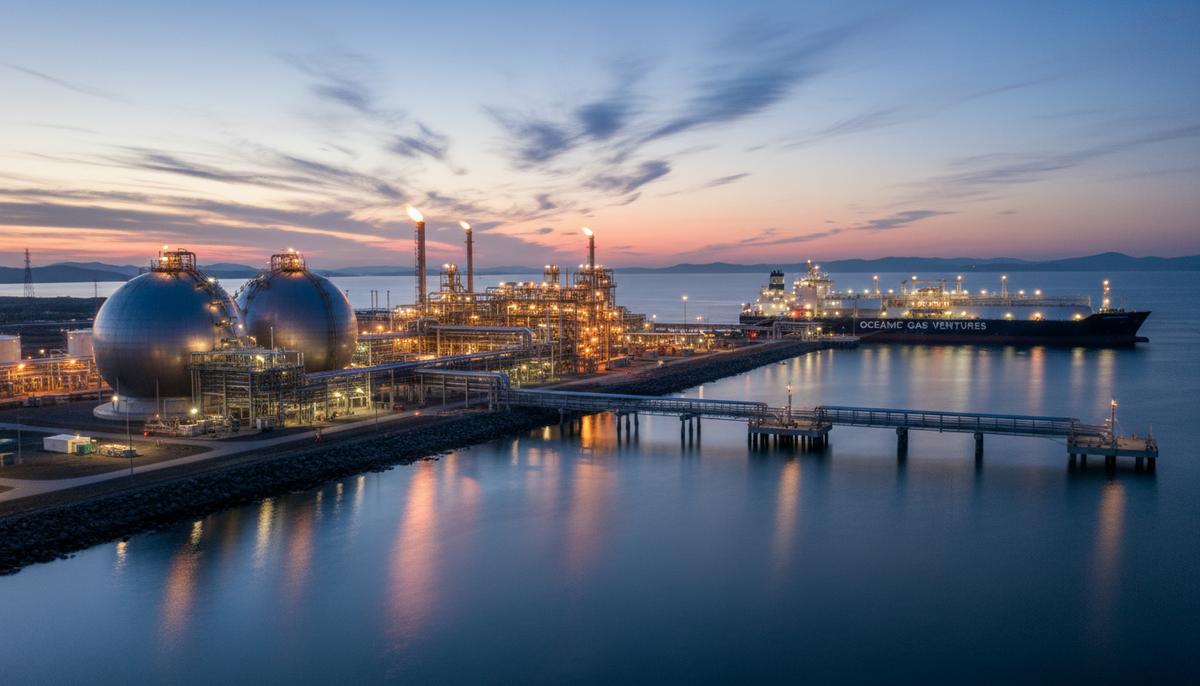 Commonwealth LNG и Mercuria заключили 20-летний контракт на поставку СПГ Современный прибрежный терминал по производству сжиженного природного газа на закате. Сферические резервуары для хранения, сеть трубопроводов и танкер-газовоз у причала.