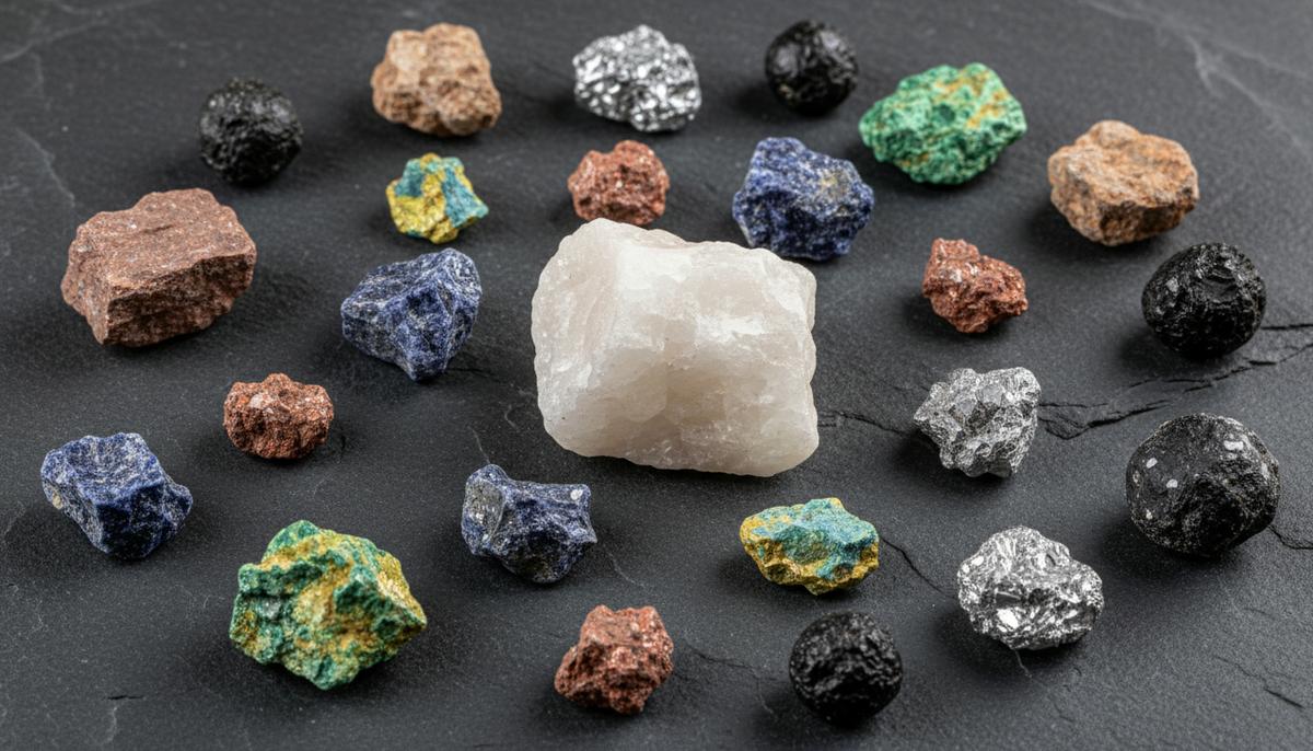 США создают сырьевой альянс: новый вызов для доминирования Китая Крупный план образцов критически важных минералов: лития, кобальта и редкоземельных металлов на темной поверхности.