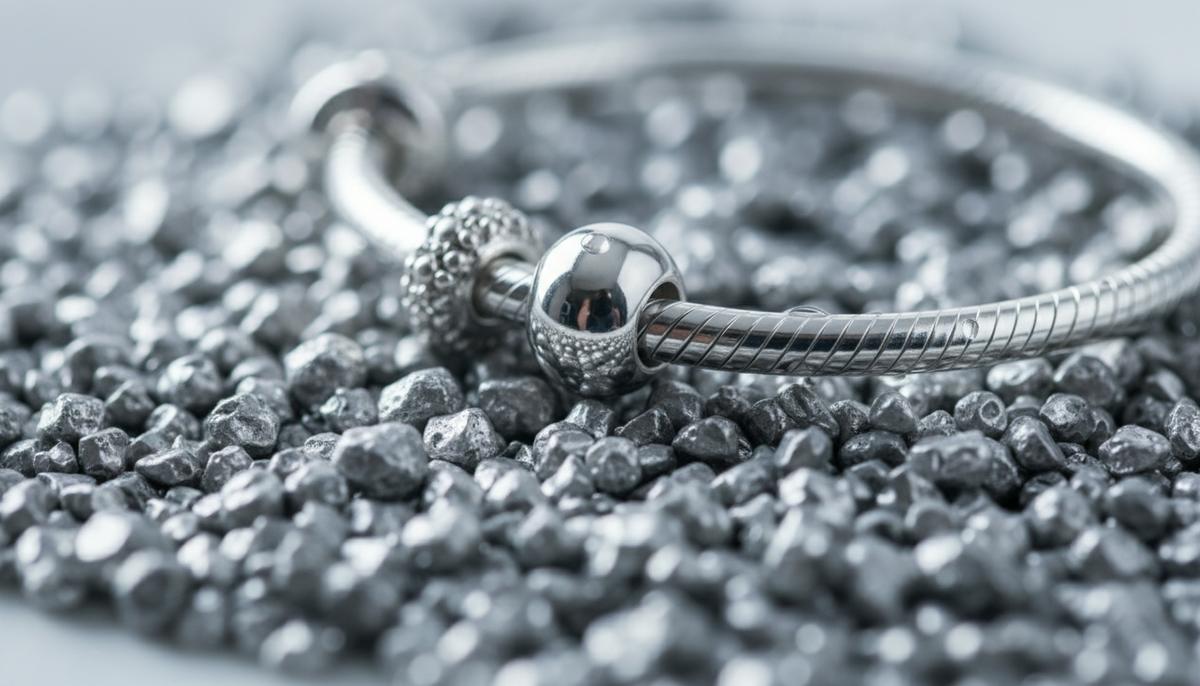 Платиновый браслет-шарм Pandora на россыпи гранул необработанного серебра, показывающий контраст материалов.