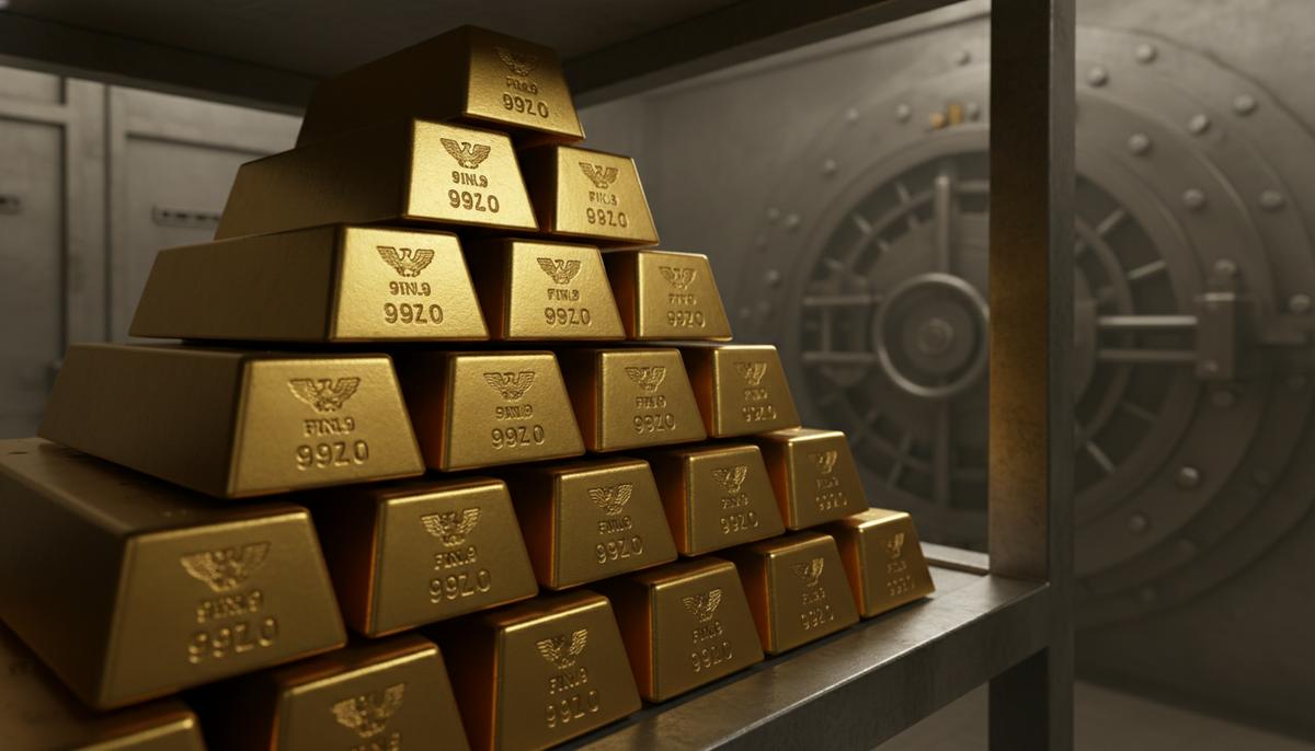 Стопка блестящих золотых слитков в темном банковском хранилище, свет отражается от металла, на котором видно клеймо пробы.