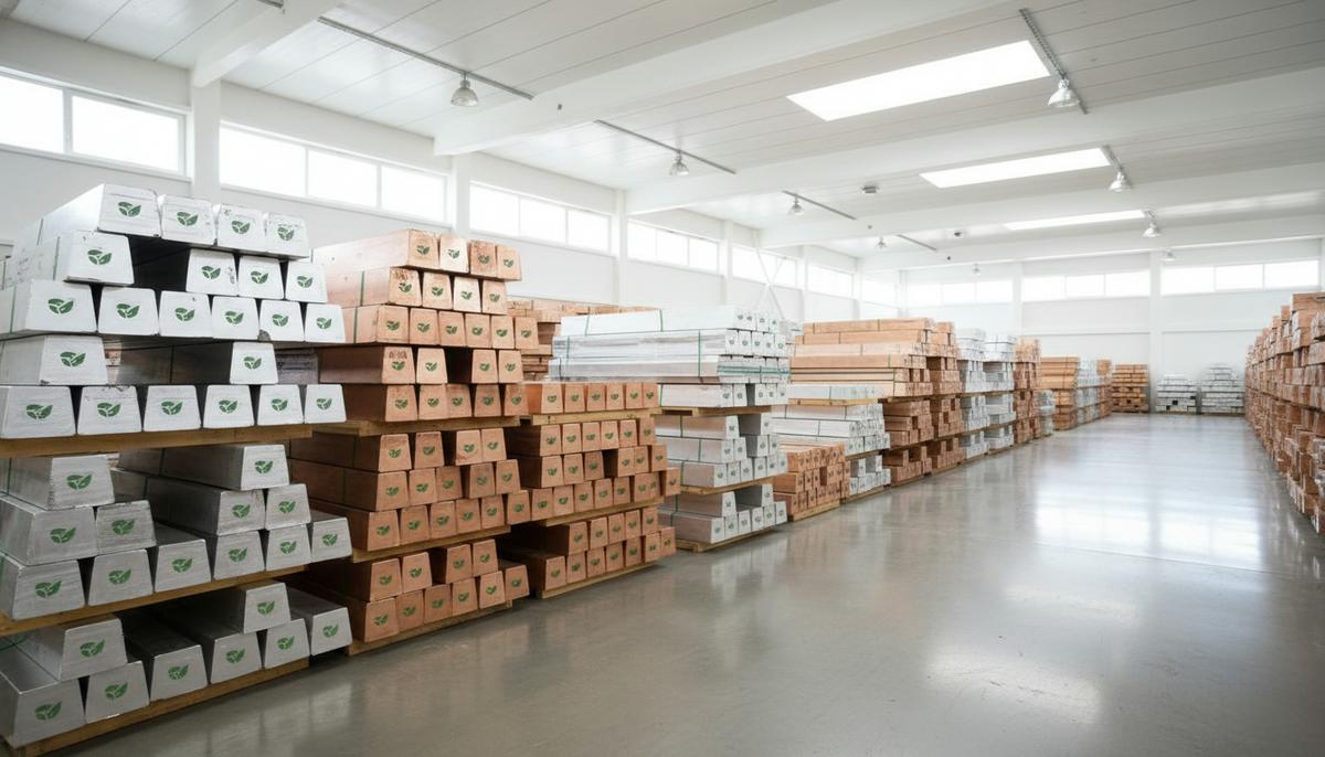 Аккуратные стопки блестящих слитков алюминия и меди с зеленым символом на современном, хорошо освещенном складе.