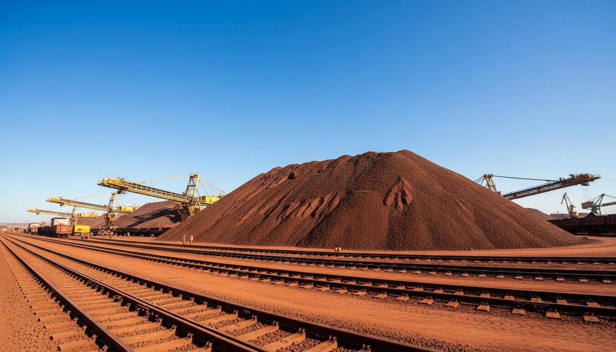 Kumba Iron Ore ожидает роста прибыли на 23% благодаря ценам и спросу Огромный склад железной руды в портовом терминале, к которому ведут железнодорожные пути. На заднем плане видна погрузочная техника.