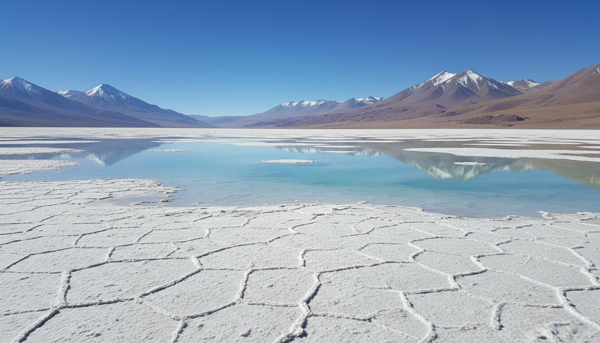 Бескрайний солончак Салар-де-Аскотан в Чили с потрескавшейся соляной коркой, бирюзовыми озерами и горами на горизонте.