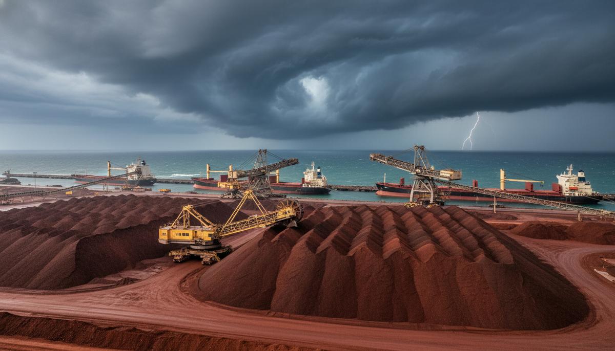 Огромный терминал по отгрузке железной руды в порту под надвигающимися грозовыми тучами циклона над океаном.
