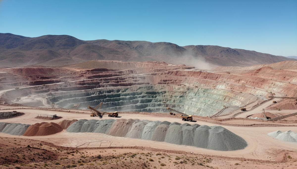 Аргентина–США: сделка по критическим минералам не исключает Китай Панорамный вид на крупный рудник по добыче критических минералов (лития или меди) в засушливом регионе Аргентины, с видимой спецтехникой, под чистым небом.