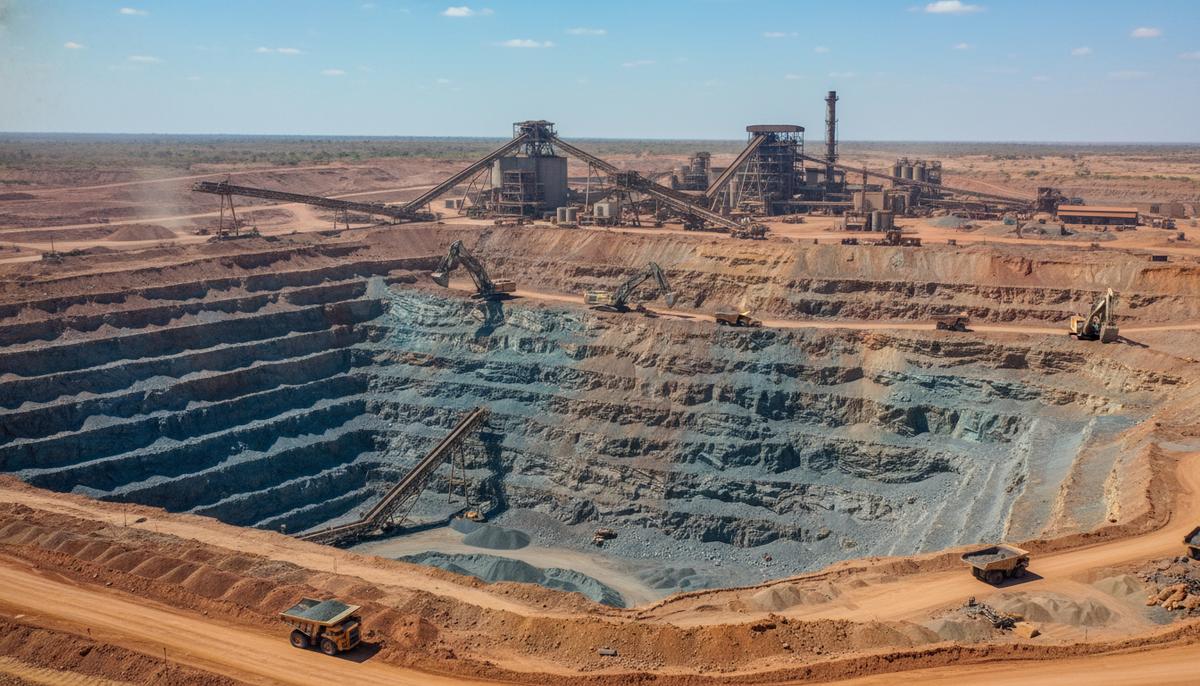 Панорама африканского карьера по добыче медной руды, кобальта. Видны экскаваторы, грузовики, конвейерные ленты и перерабатывающее сооружение на фоне пейзажа.