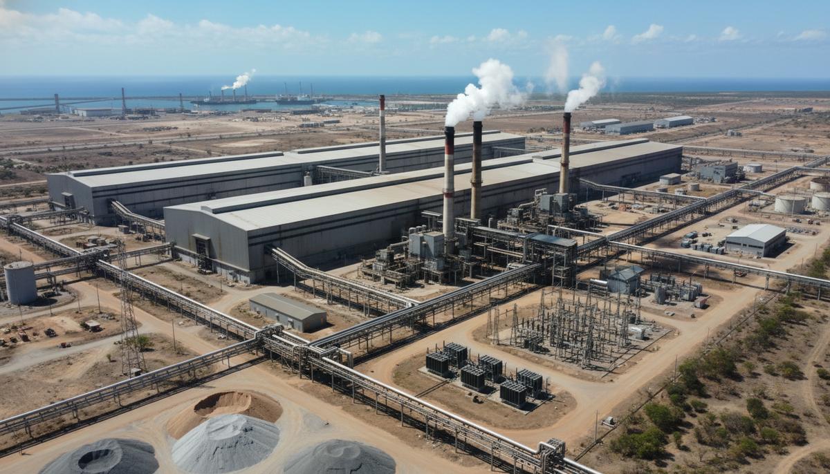 Мозамбик: власти борются за будущее алюминиевого завода Mozal Масштабный алюминиевый завод в Мозамбике: производственные цеха, трубы, сложная промышленная инфраструктура под открытым небом.