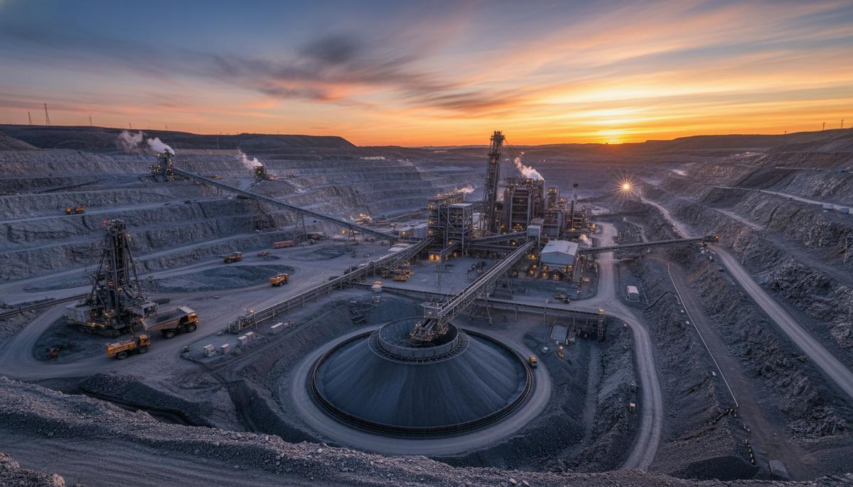 Масштабный современный горнодобывающий комплекс на рассвете: промышленные машины, конвейеры, перерабатывающие заводы.