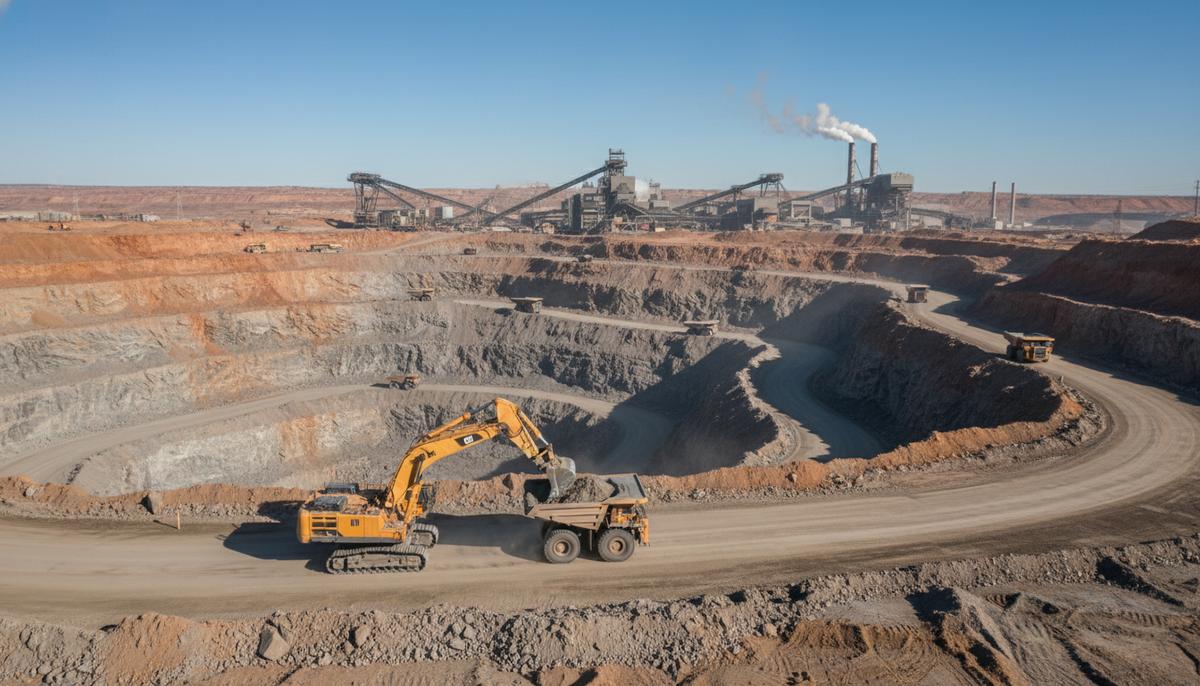 Панорамный вид на действующий горнодобывающий карьер с крупной техникой и промышленными сооружениями на фоне обширного ландшафта.