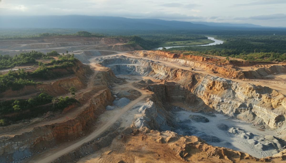 Панорама горнодобывающего участка в Индонезии с обнаженными геологическими слоями, указывающими на залежи редкоземельных элементов. Природный ландшафт с характерной растительностью.