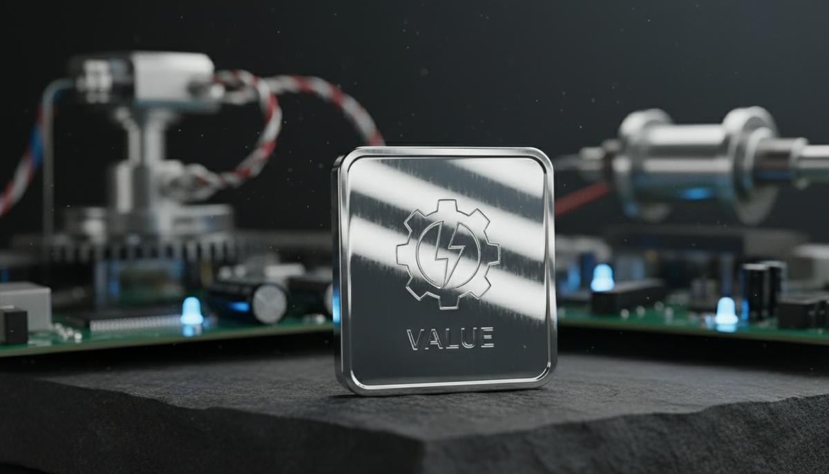 Серебряный слиток или монета на темном фоне, отражающая свет. Размытые элементы электроники или промышленного оборудования на заднем плане.