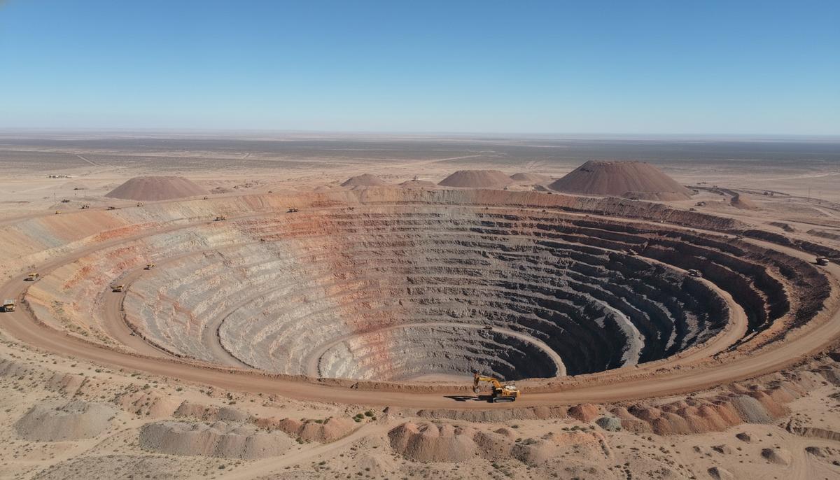 Обширный карьер по добыче меди в пустыне Атакама, Чили. Вид на террасы карьера, скопления руды и крупную горную технику.