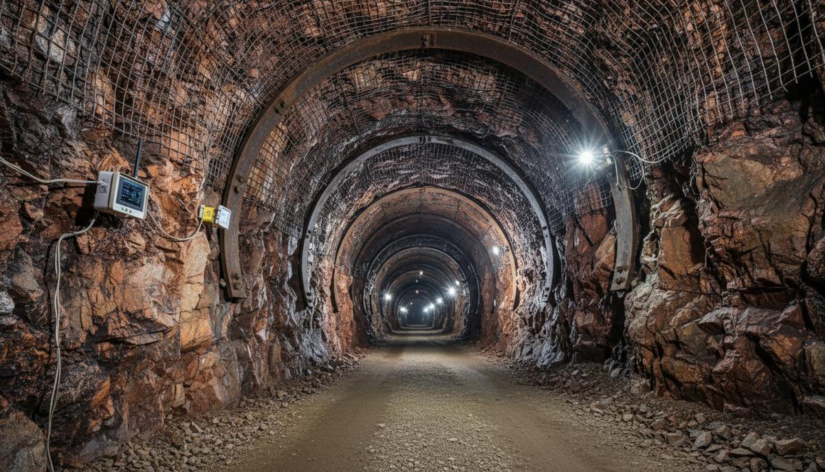 Интерьер обширного подземного медного рудника: туннели, мощные горные породы, индустриальные крепления, датчики сейсмомониторинга.