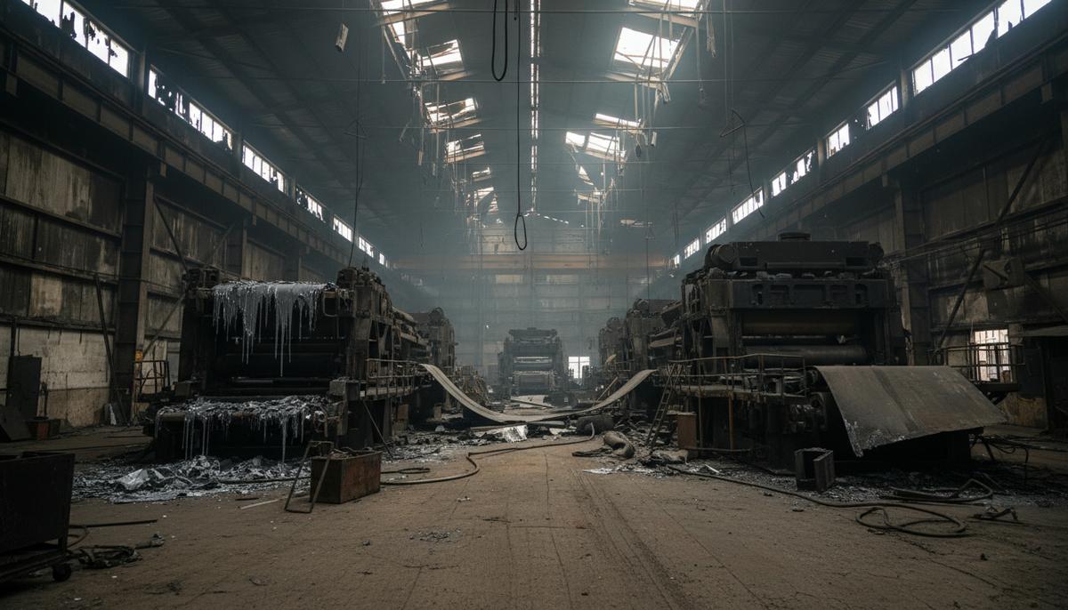 Интерьер крупного промышленного цеха горячей прокатки алюминия после пожара: обугленные станки, поврежденные металлоконструкции и следы гари на стенах.
