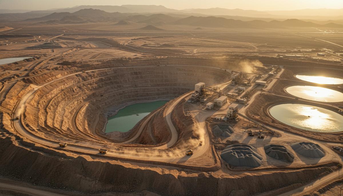 Панорамный вид на крупный карьер золотодобывающего рудника с массивной техникой и промышленными сооружениями.