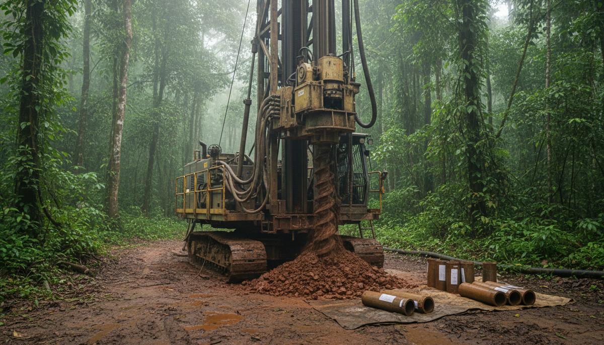 Современная буровая установка для геологоразведки в густом амазонском тропическом лесу Эквадора.