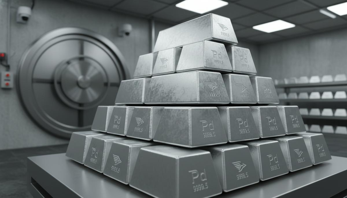 Слитки палладия в промышленном хранилище или на производстве.