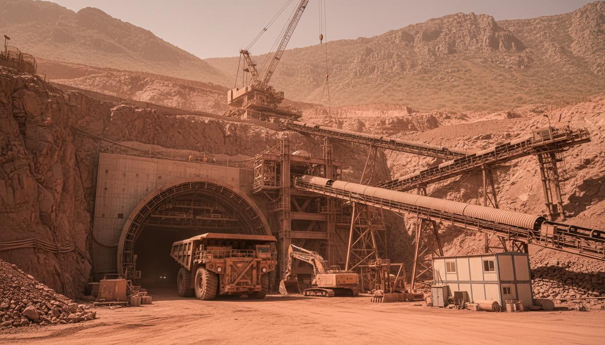 Вход в большой тоннель подземного медного рудника, окруженный промышленной инфраструктурой и тяжелой техникой в горном, пыльном ландшафте.