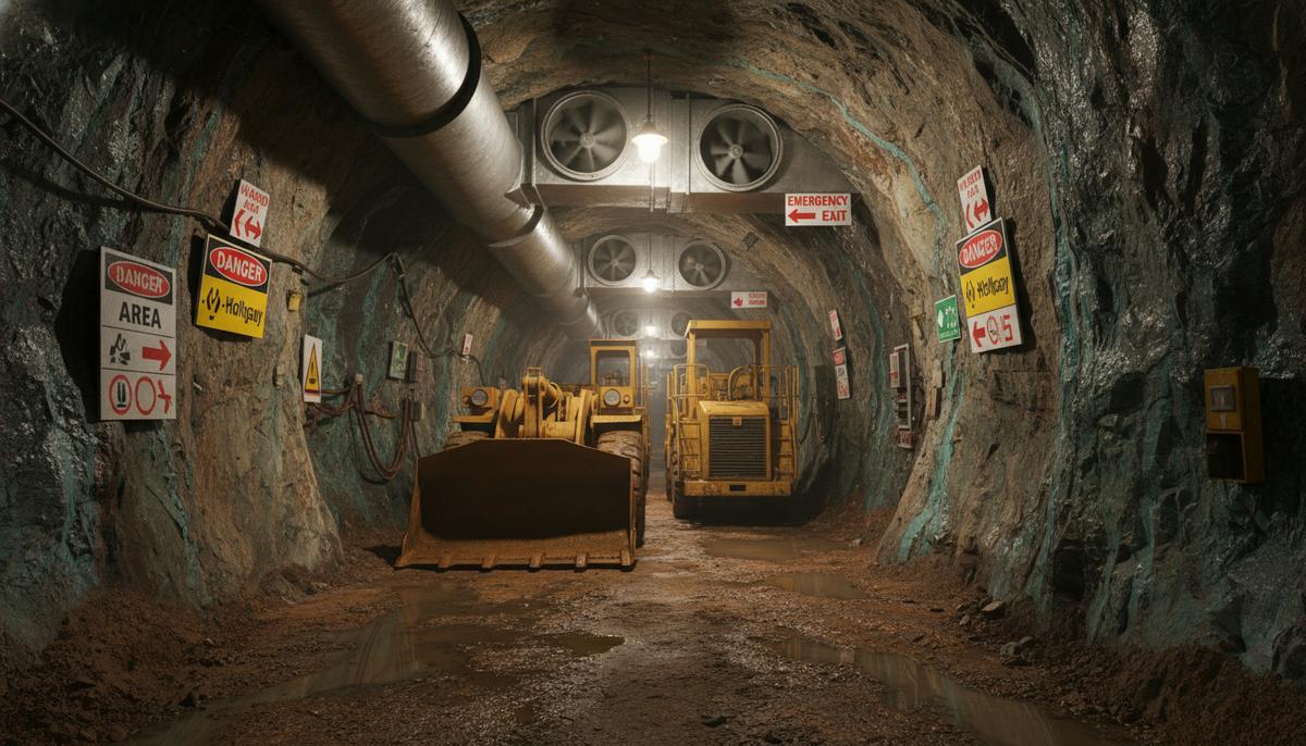 Подземный медный рудник, туннель с горнодобывающей техникой и системами безопасности.