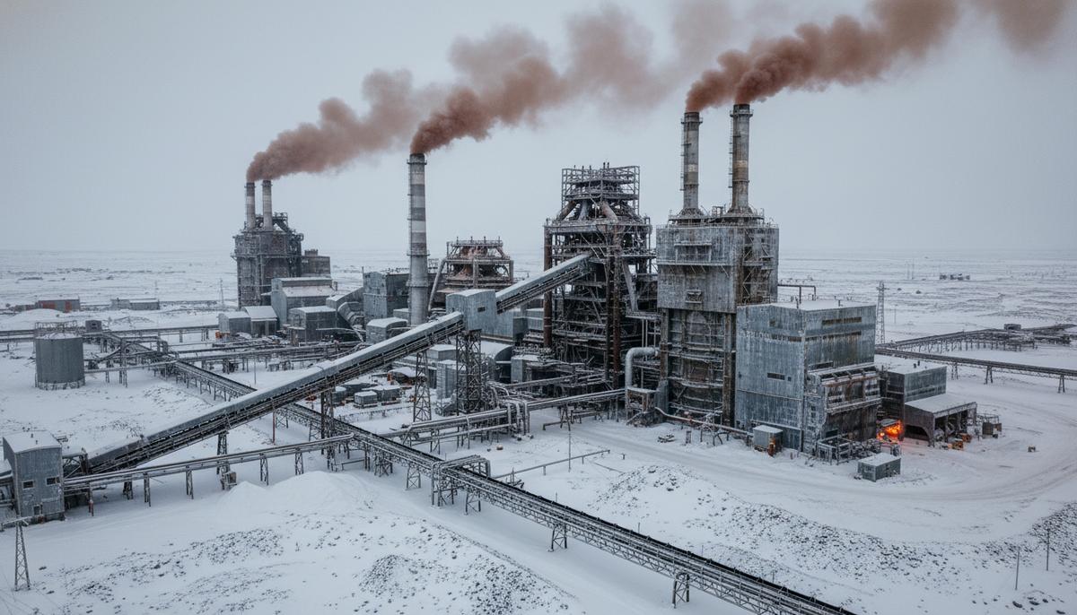 Масштабный промышленный комплекс металлургического завода в Арктике: цеха, дымящие трубы, сети труб и конвейеров, снежный пейзаж.