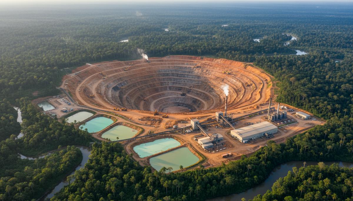 Вид с высоты на карьерную добычу редкоземельных элементов в густом тропическом лесу в Габоне. Присутствуют тяжелая техника и производственная инфраструктура.