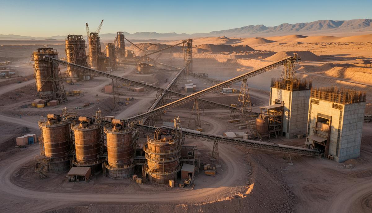 Промышленный комплекс медного рудника Centinela в Атакаме: перерабатывающий завод, конвейеры, активное строительство.