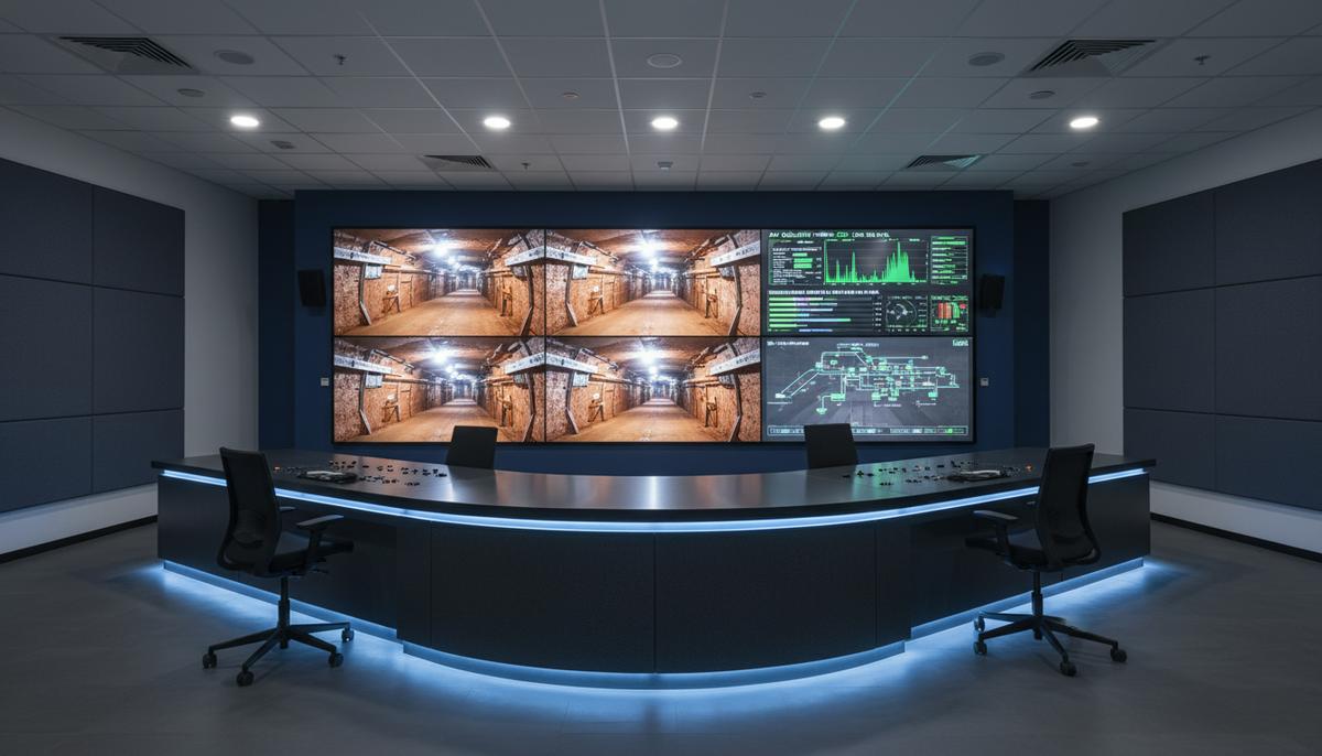 Современная диспетчерская комната горнодобывающего предприятия в Замбии. На экранах мониторов – кадры подземных медных туннелей и данные систем контроля безопасности.