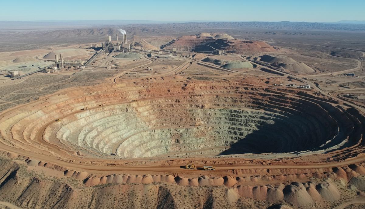 Аэрофотосъемка крупного карьера с горнодобывающей техникой, перерабатывающими заводами и конвейерными лентами в североамериканском ландшафте