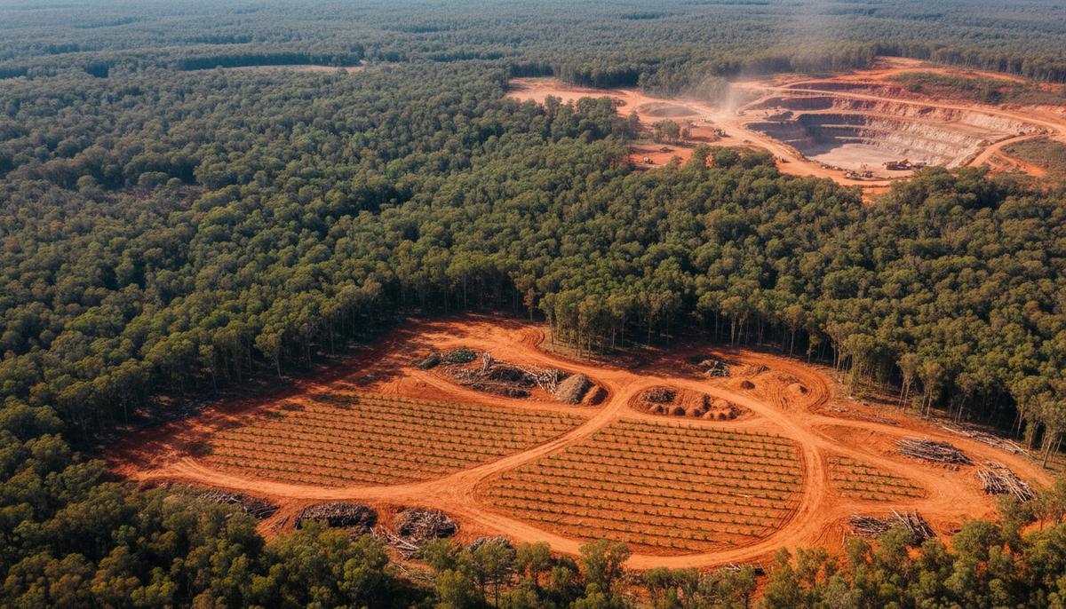 Панорама австралийского джаррового леса с участками вырубки и начинающегося восстановления, на фоне видны следы добычи бокситов.