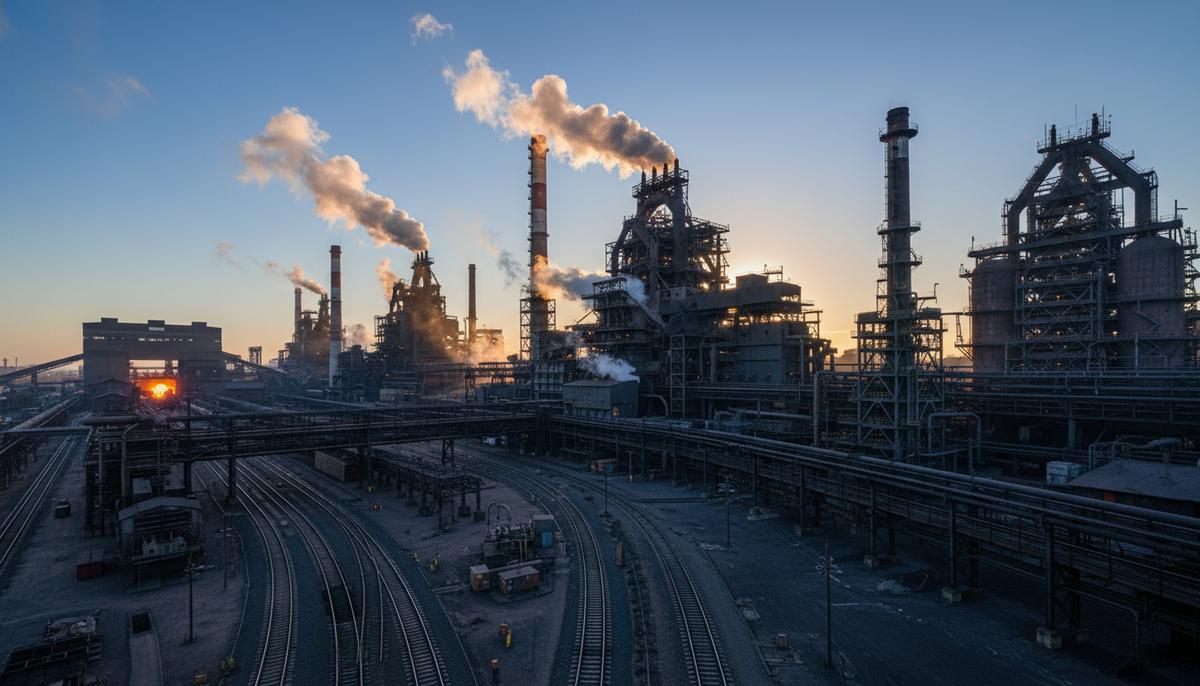 Общий вид крупного сталелитейного завода с доменными печами и дымящимися трубами на фоне индустриального пейзажа.
