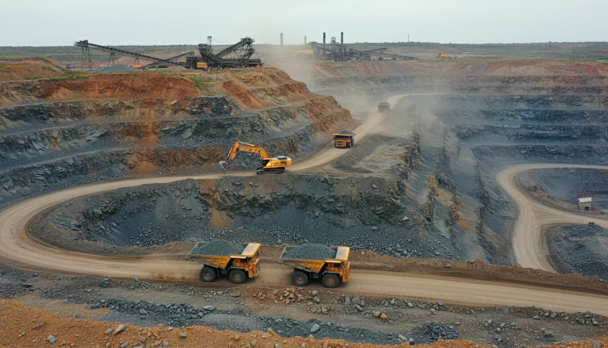 Вид сверху на крупный открытый карьер по добыче металлических руд, с массивными экскаваторами и самосвалами на террасах, вдали видны перерабатывающие мощности.