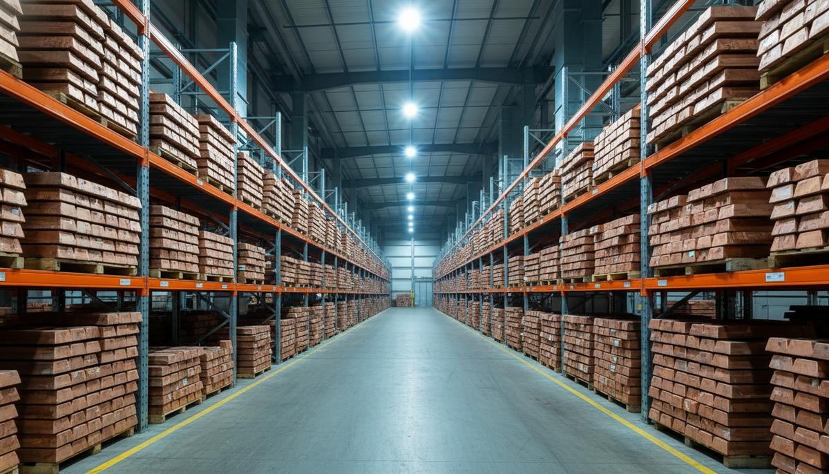 Ряд штабелей медных катодов или слитков в большом промышленном складе под ярким освещением.