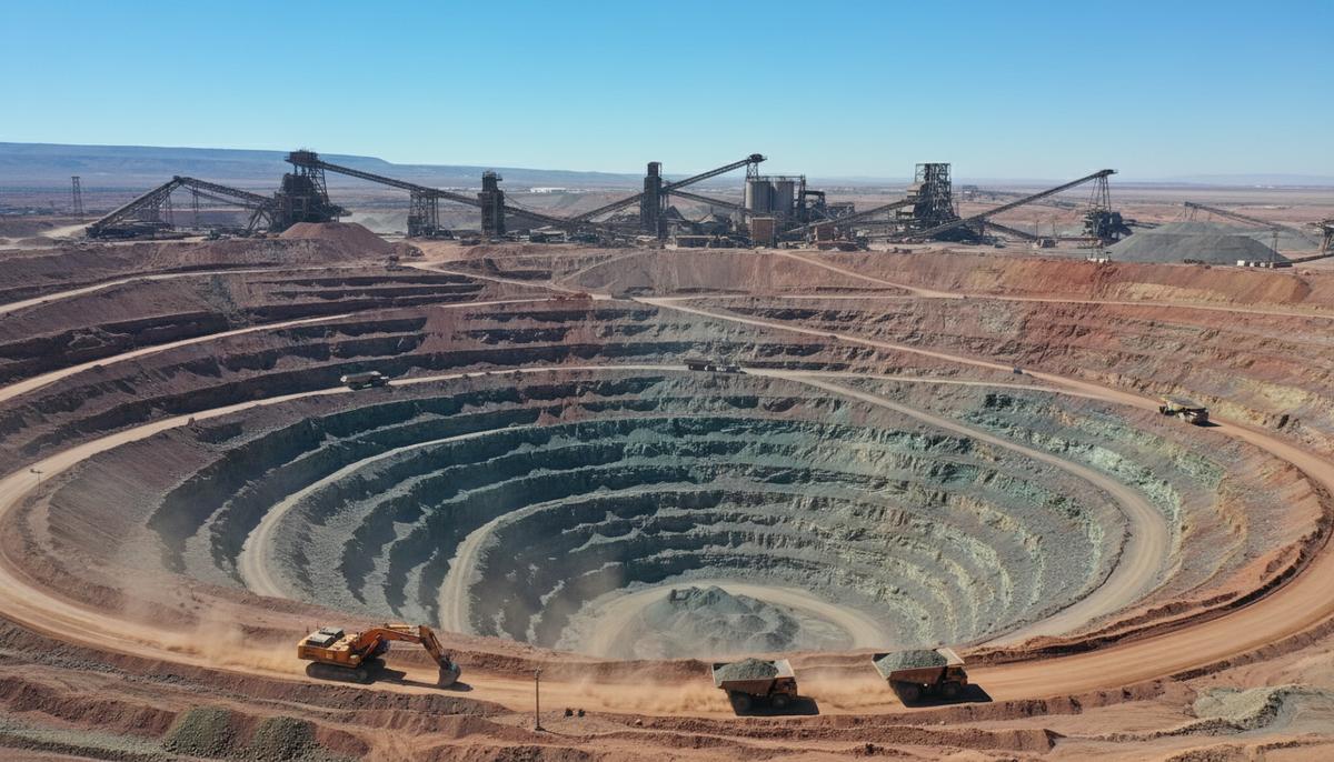 Панорама крупного открытого медного рудника с экскаваторами и самосвалами, перевозящими руду. Видны промышленные сооружения и конвейерные ленты.