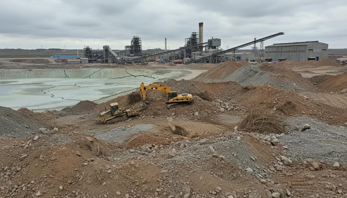 Оползень на никелевом хабе Индонезии: рабочий погиб, операции остановлены Последствия оползня на отвалах никелевого горнодобывающего предприятия: сдвинутая почва, частично погребенная техника, промышленные сооружения на заднем плане.