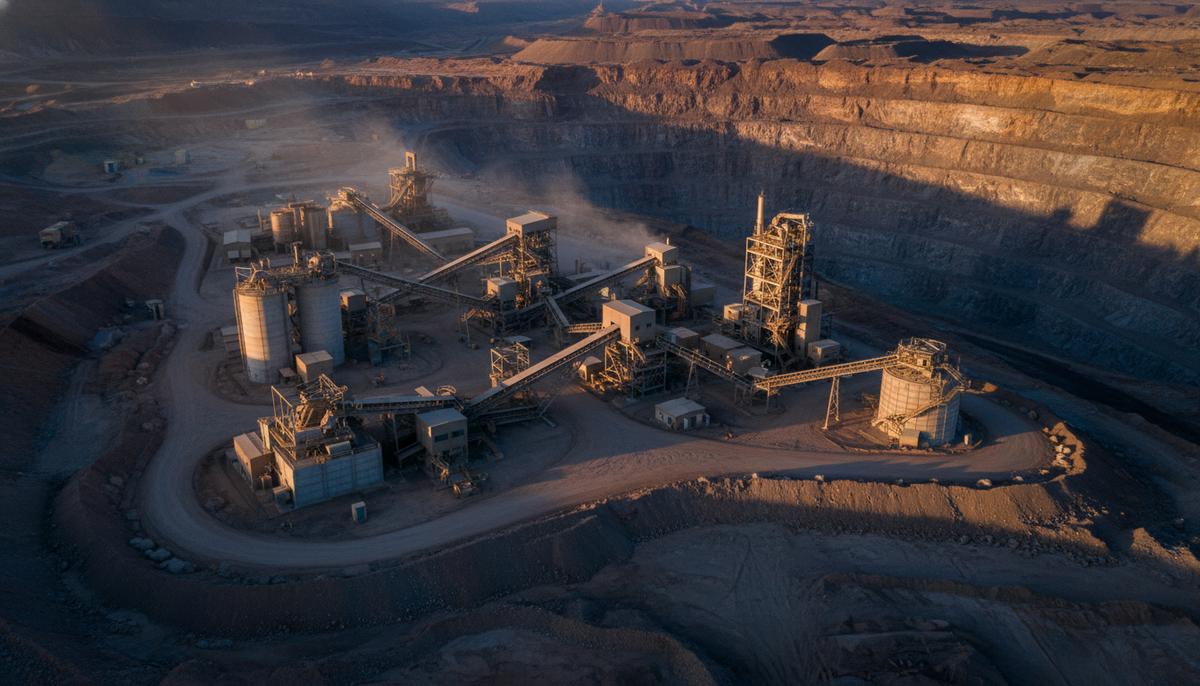 Newmont: прибыль выше ожиданий благодаря золоту, $1,4 млрд на развитие активов Масштабный золотодобывающий комплекс с открытым карьером и перерабатывающим заводом на рассвете. Промышленное оборудование, конвейеры на фоне горного пейзажа.