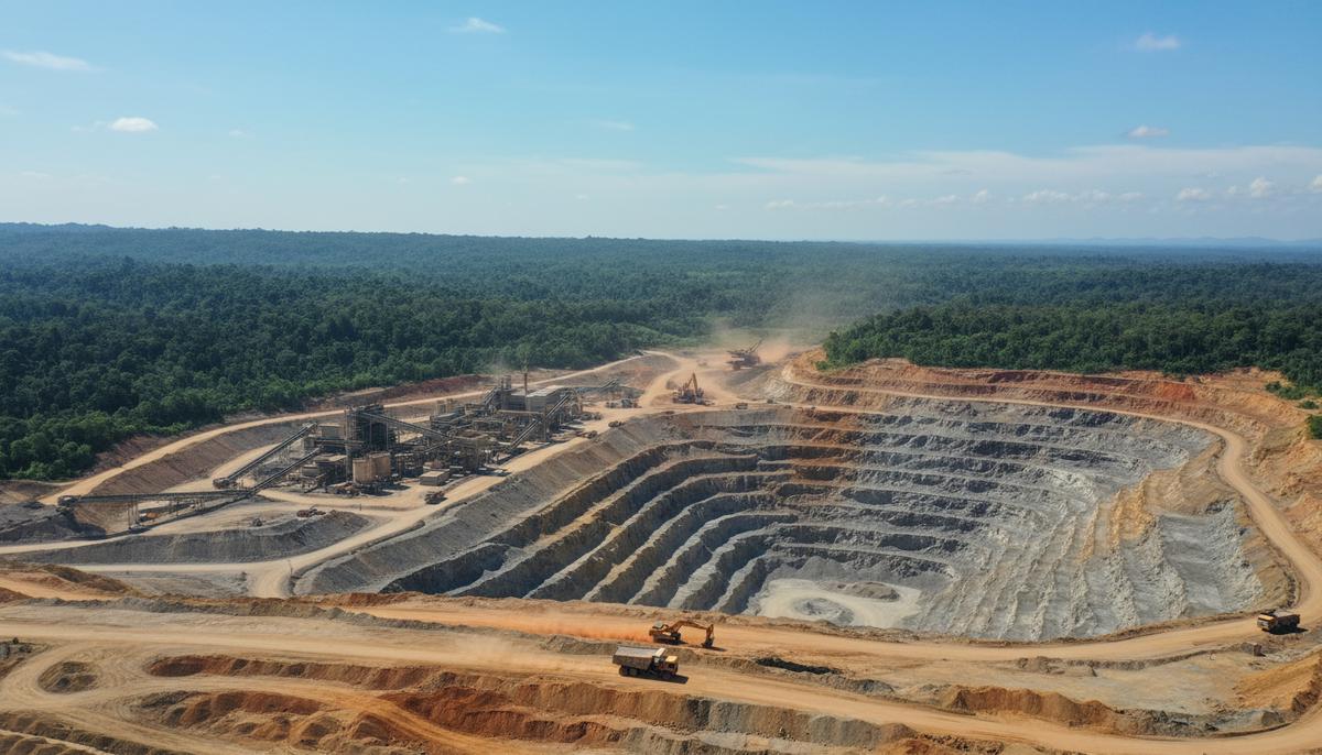Общий вид на карьер по добыче критических минералов в Индонезии. Видны экскаваторы, самосвалы и элементы перерабатывающей инфраструктуры.