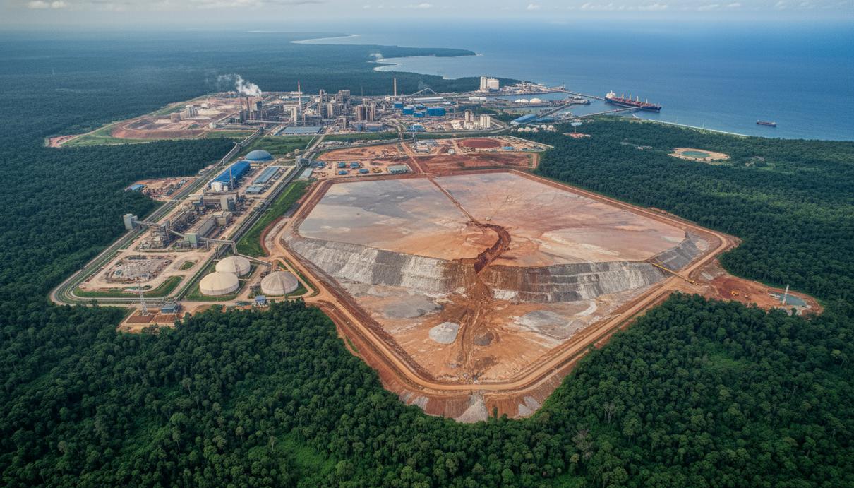 Промышленный ландшафт никелевого комплекса на Сулавеси, Индонезия. На снимке виден оползень на хвостохранилище рядом с крупными сооружениями по переработке руды.