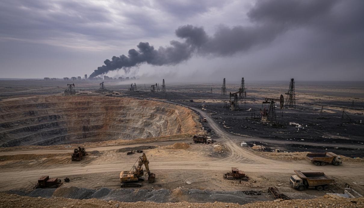 Пустынный ландшафт с признаками крупной промышленной добычи ресурсов, на горизонте видны дым и следы конфликта под пасмурным небом.
