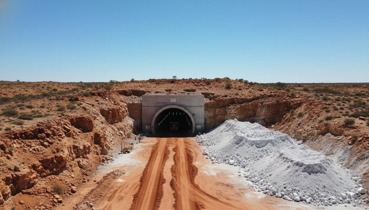 Вход в современную подземную литиевую шахту в засушливом австралийском ландшафте, с путями для горной техники и горами руды.