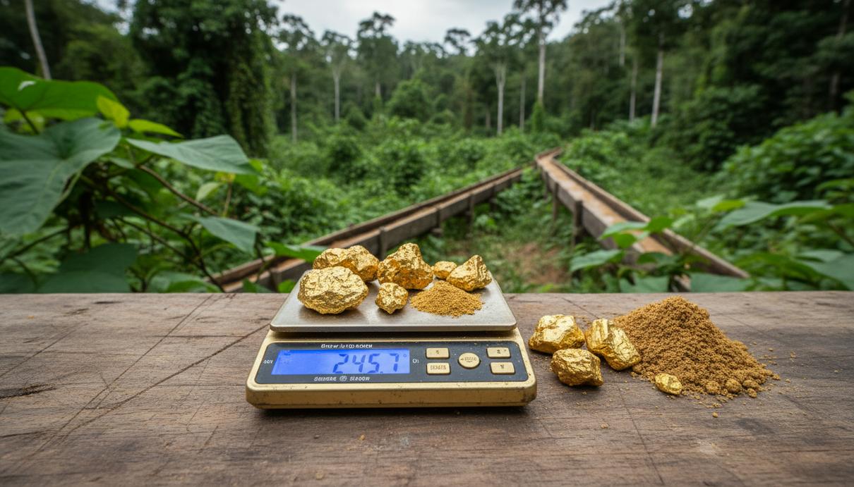 Крупный план золотых самородков и золотого песка на весах на фоне тропического ландшафта Ганы.