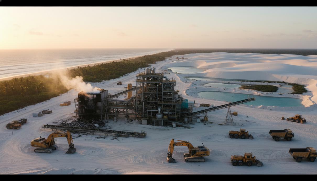 Вид на промышленный комплекс по переработке минеральных песков в Сенегале: стационарное оборудование, пески, легкий дым над зданием фабрики.