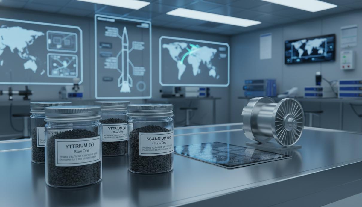 Крупный план образцов редких земель, иттрия и скандия, в контейнерах рядом с высокотехнологичными деталями для аэрокосмической и полупроводниковой промышленности.